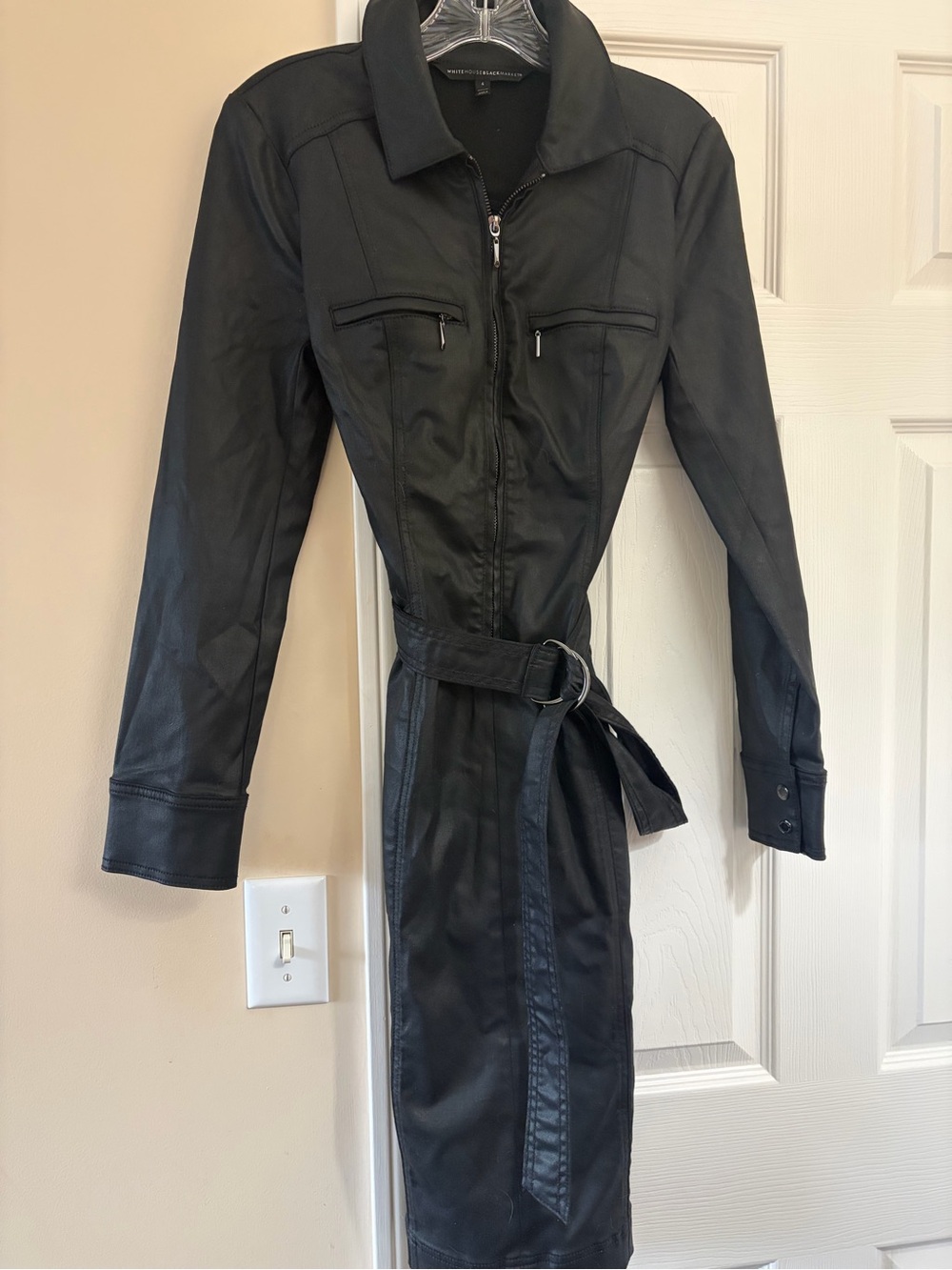 White House Black Market Black Long-Sleeve Belted Faux-Leather Trench Dress